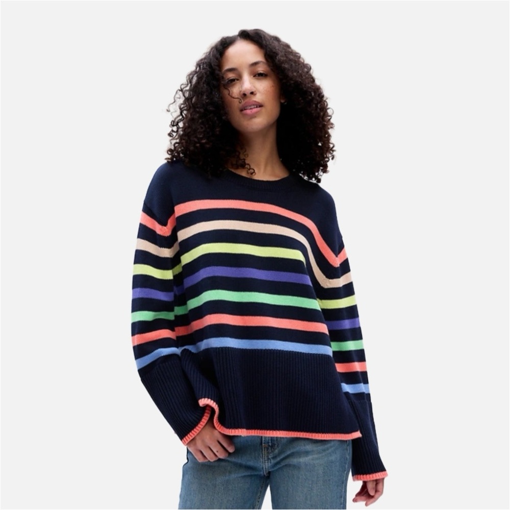 GAP Multicolor Striped Pull Over Chunky Oversized Sweater Split-Hem Crewneck
